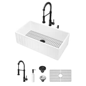 Matte Stone White Composite 33 in. Single Bowl Slotted Farmhouse Kitchen Sink with Faucet in Matte Black and Accessories