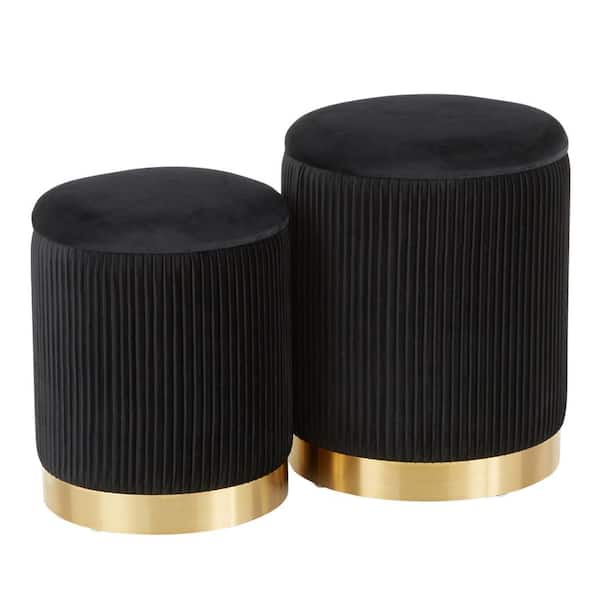Lumisource Marla Pleated Nesting Black Velvet and Gold Ottoman Set