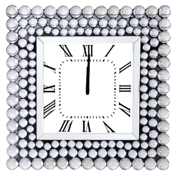 Benjara Silver 20 in. Mirrored Wall Clock with Jeweled Accents