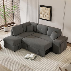 87.7 in. L Shaped Chenille Sectional Sofa in Dark Gray with Storage Ottoman, Hidden Stools, Wireless Charger, USB Ports