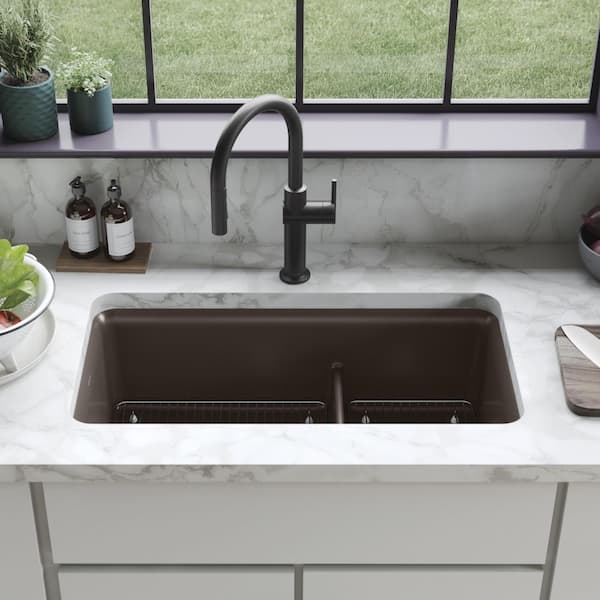 Cairn Matte Brown Granite Composite 33 .5 in. Double Bowl Undermount Kitchen Sink