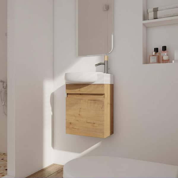 17 in. W x 12 in. D x 21 in.H Single Sink Wall Mounted Bath Vanity in Imitative Oak with Gloss White Ceramic Top