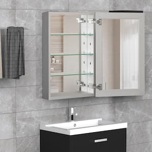 19 in. W x 30 in. H Satin Aluminum Recessed/Surface Mount Bathroom Medicine Cabinet with Mirror, 3 Glass shelves