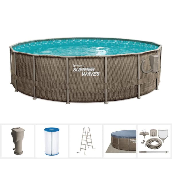 Summer Waves Elite Wicker Print 16 ft. Round x 48 in. Deep Metal Frame Pool Package with 1,500 GPH SkimmerPlus Filter Pump System