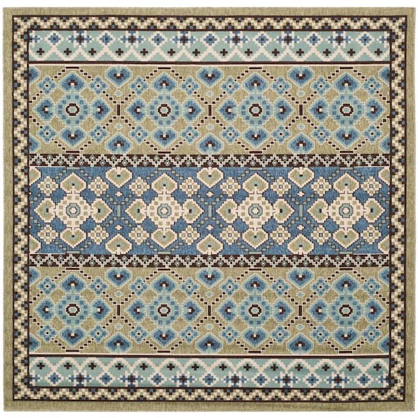 Veranda Green/Blue 7 ft. x 7 ft. Square Border Indoor/Outdoor Patio  Area Rug
