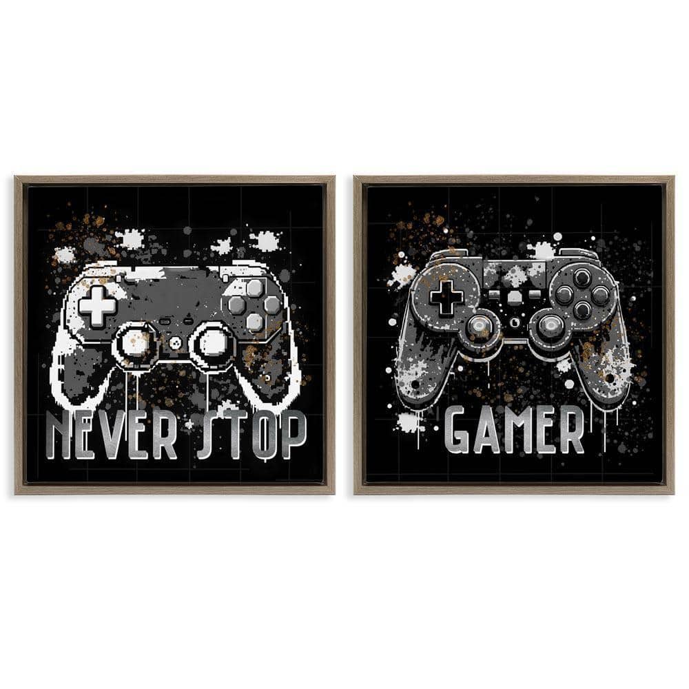 Never Stop Modern Gamer by Kim Allen 2 Pieces Brown Floater Frame Typography Graphic Art Print 25 in. x 25 in.