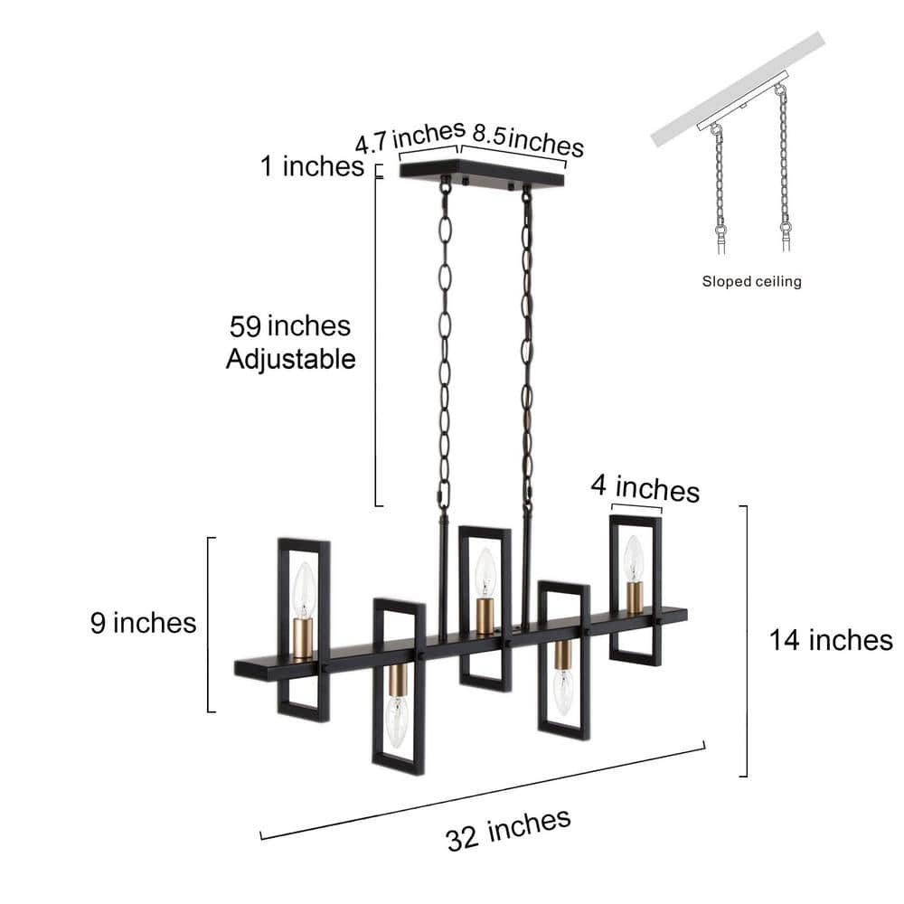 Modern Black and Brass Rectangle Island Chandelier with Clear Glass Shades