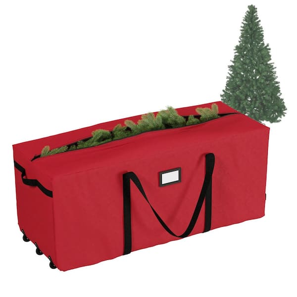 Red Christmas Tree Storage Bag for Artificial Trees Up to 9 ft. Tall - Rolling Wheeled Canvas Tote with Zipper Closure