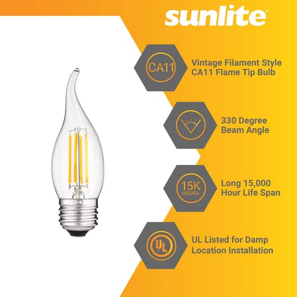 Sunlite 60-Watt Equivalent CA11 Dimmable Clear Flame Tip Filament LED Light Bulb in Warm White 2700K (12-pack) Sunlite 60-Watt Equivalent CA11 Dimmable Clear Flame Tip Filament LED Light Bulb in Warm White 2700K (12-pack)