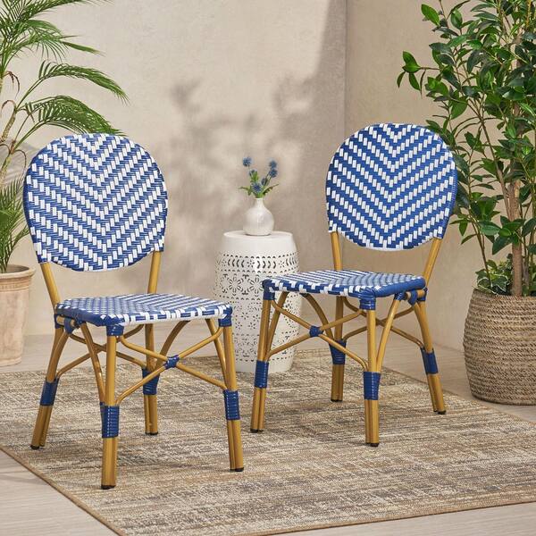 Coporesell White Navy Blue Bamboo Print Finish PE Rattan and
