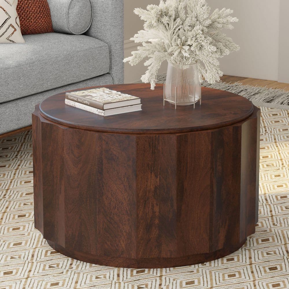Simpli Home Trenton 32 in. Walnut Brown Solid Round Mango