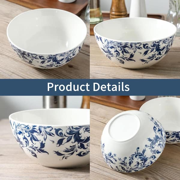 Set of 2 Large Ceramic Soup Bowls 42 oz Blue and White Floral