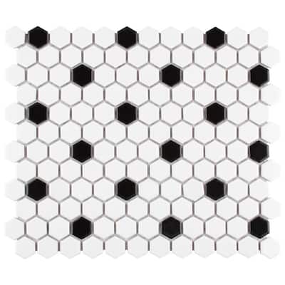 Madison Hex Matte 11-7/8 in. x 10-1/4 in. x 6 mm Cool White with Black Dot Porcelain Mosaic Tile (0.85 sq. ft./Each)