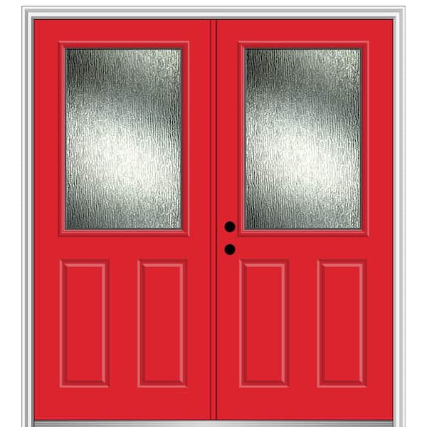 MMI Door Rain Glass 72 in. x 80 in. Right-Hand Inswing 1/2 Lite 2-Panel Painted Red Saffron Prehung Front Door, 4-9/16 in. Frame