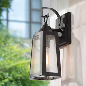 12 in. 1-Light Textured Black Outdoor Light Wall Sconce with Clear Seeded Glass (1-Pack)