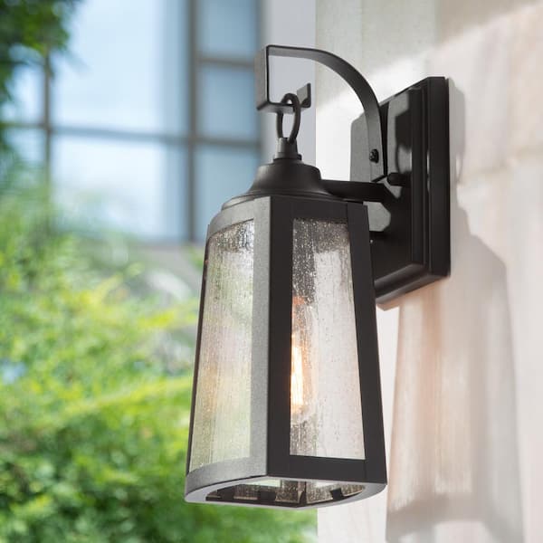 Uolfin 12 in. 1-Light Textured Black Outdoor Light Wall Sconce with Clear Seeded Glass (1-Pack)