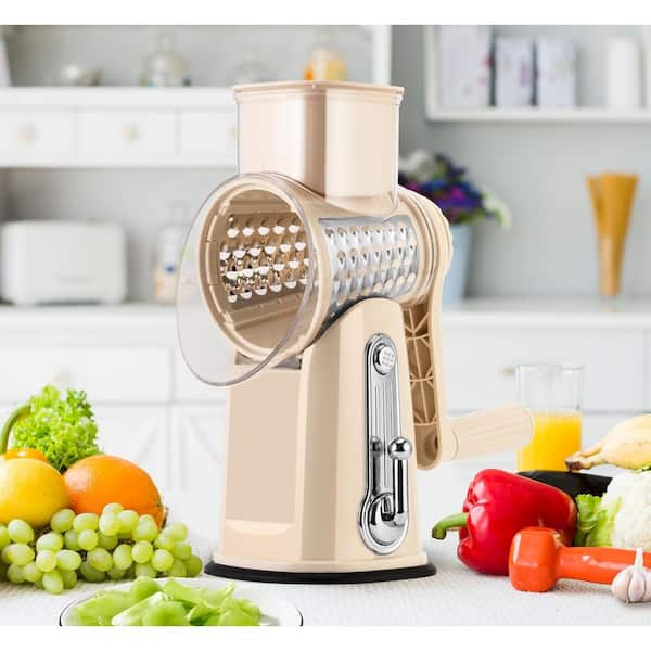 Rotary Cheese Grater with Handle, Vegetable Shredder with 5 Well-Designed Blades and Strong Suction Base