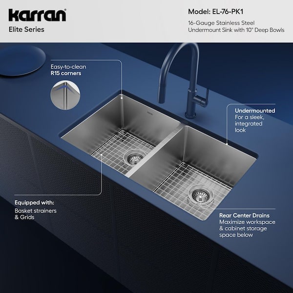 Karran EL-76 Stainless Steel 32 in. Double Bowl 50/50 Undermount