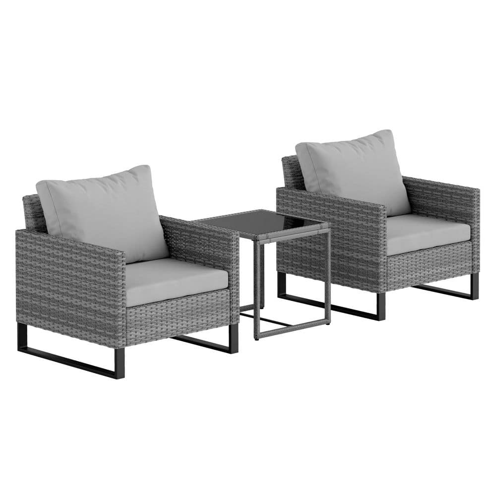 Gray Wicker Bistro Set with Cushions and Glass Table