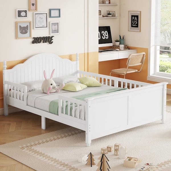 Whitney White Kids Bed Wood Frame Full Size Platform Bed with Headboard, Footboard, and Guardrails