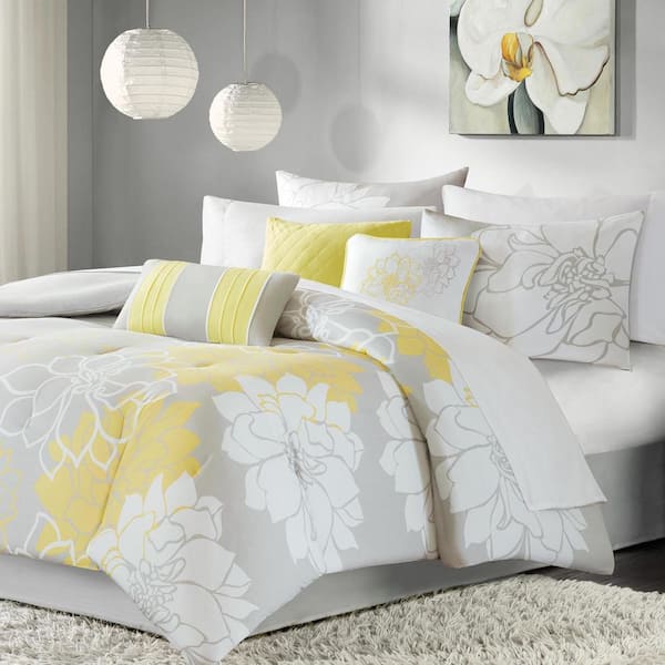 Madison Park Brianna Taupe Grey/Yellow Cotton Full/Queen Printed Quilt Set