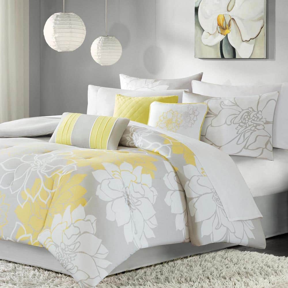 Gray and Yellow Floral Reversible Cotton King Quilt Set