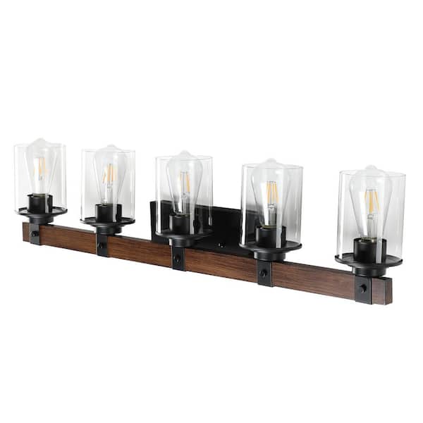 34.6 in. 5-Light Black and Walnut Industrial Bathroom Vanity Light with Clear Glass Shade