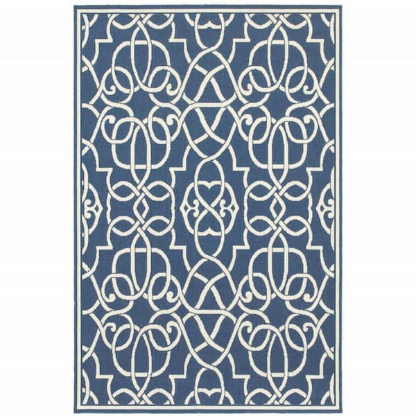 Blue, Ivory 4 ft. x 6 ft. Loomed Geometric Polypropylene Rectangle Indoor/Outdoor Area Rug