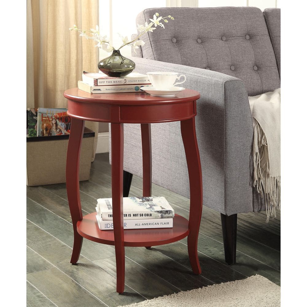 Aberta Round Red Wooden Side Table with Cabriole Leg and Shelf