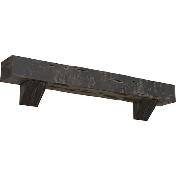Ekena Millwork 6 in. x 10 in. x 4 ft. Pecky Cypress Faux Wood Fireplace Mantel Kit with Breckinridge Corbels, Aged Cedar