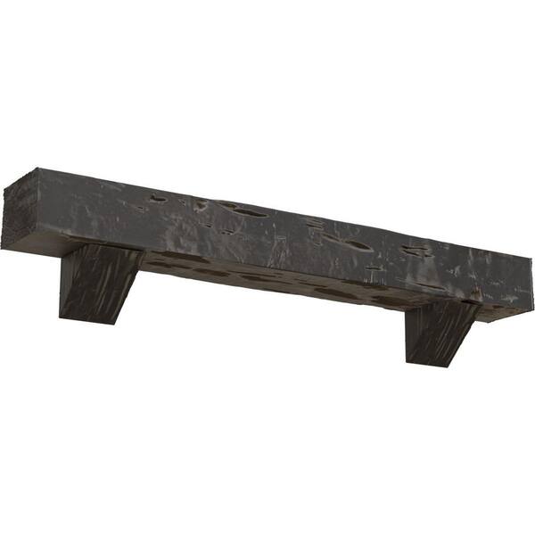 Ekena Millwork 6 in. x 10 in. x 5 ft. Pecky Cypress Faux Wood Fireplace Mantel Kit with Breckinridge Corbels, Aged Cedar