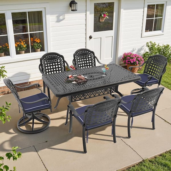 Vintage 7-Piece Cast Aluminum Outdoor Dining Set with Rectangular Table and Swivel Dining Chairs with Blue Cushion
