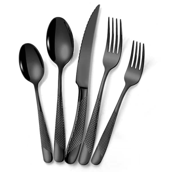 20-Piece Hammered Black Stainless Steel Flatware Set with Serrated Forging Knives for 4 Silverware Set
