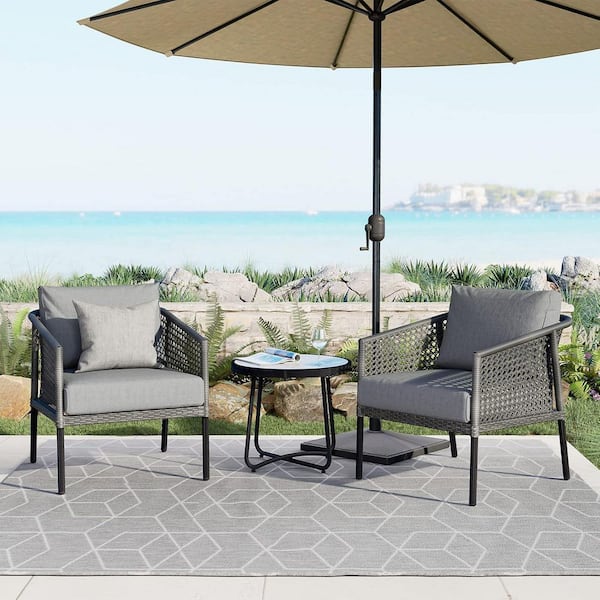 3-Piece Metal Outdoor Bistro Set, Patio Rocking Chairs with Thick Gray Cushion & Tempered Glass Top Coffee Table Set