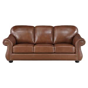 Beven 85 in. W Rolled Arm Leather Rectangle Sofa in. Camel Brown