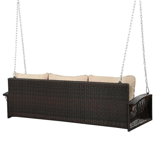 3-Person Wicker Porch Swing with Light Brown Cushions and