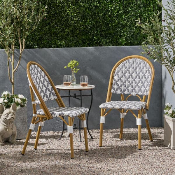 Oyezvary 2-Piece Aluminum Outdoor Bistro Set, French Bistro Chairs, Gray & White, and Bamboo Finish Frame