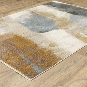 Haven Beige/Gold 4 ft. x 6 ft. Abstract Odyssey Polyester Fringed Indoor Area Rug