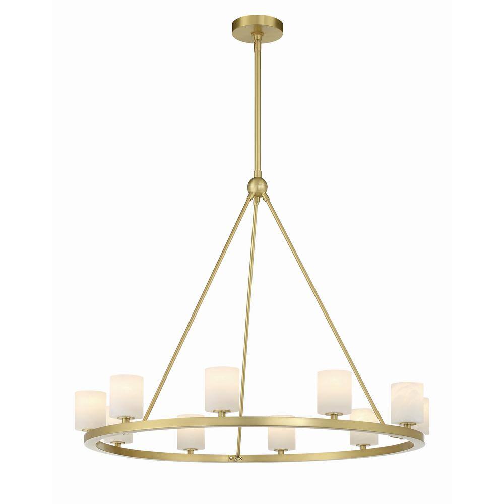 Soft Brass 10-Light Chandelier with White Stone Shades