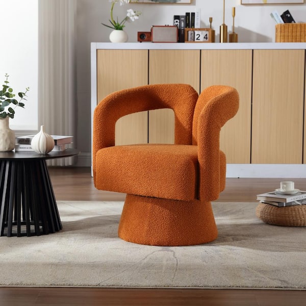 Orange Boucle 360° Swivel Accent Chairs, Round Armchairs with Wide Upholstered for Living Room