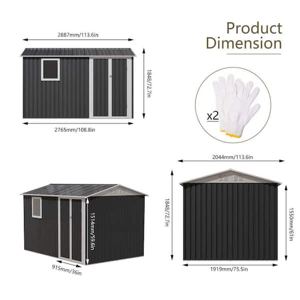 Sudzendf 9.5 ft. W x 6.7 ft. D Grey Metal Garden Shed for Patio
