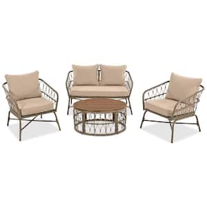 4-Piece Wicker Patio Conversation Set Group With Removable Beige Cushions, Wood Tabletop