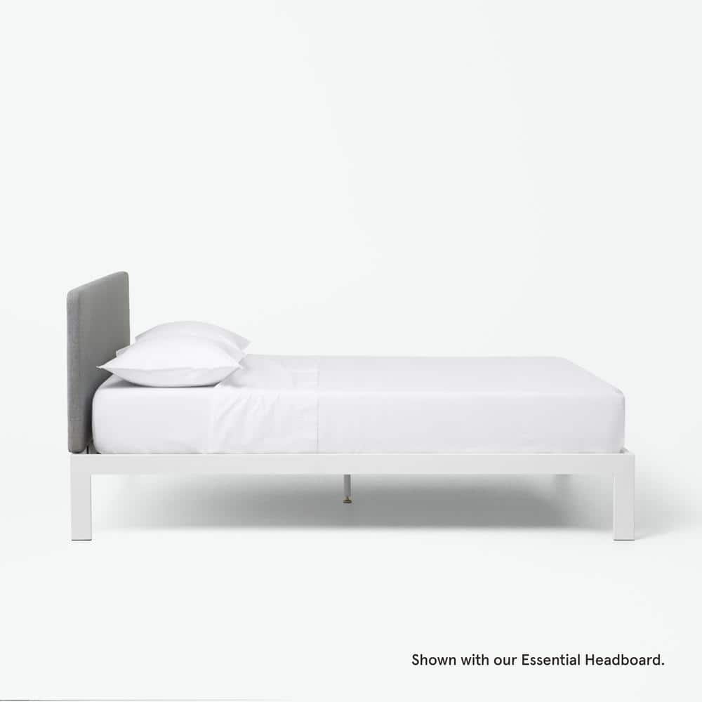 Full White Metal Platform Bed Frame with Upholstered Headboard