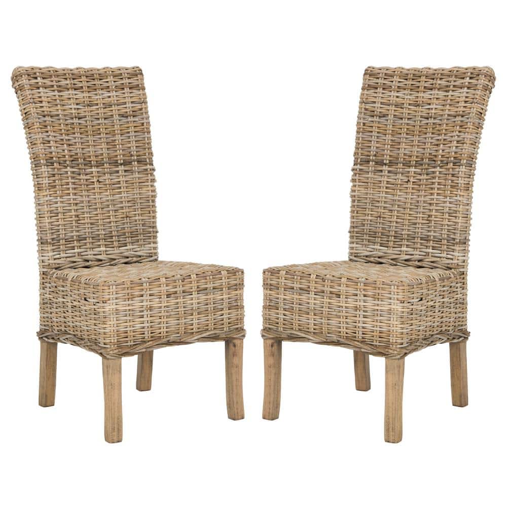 High-Back Rattan & Mango Wood Side Chair in Natural Grey (Set of 2)