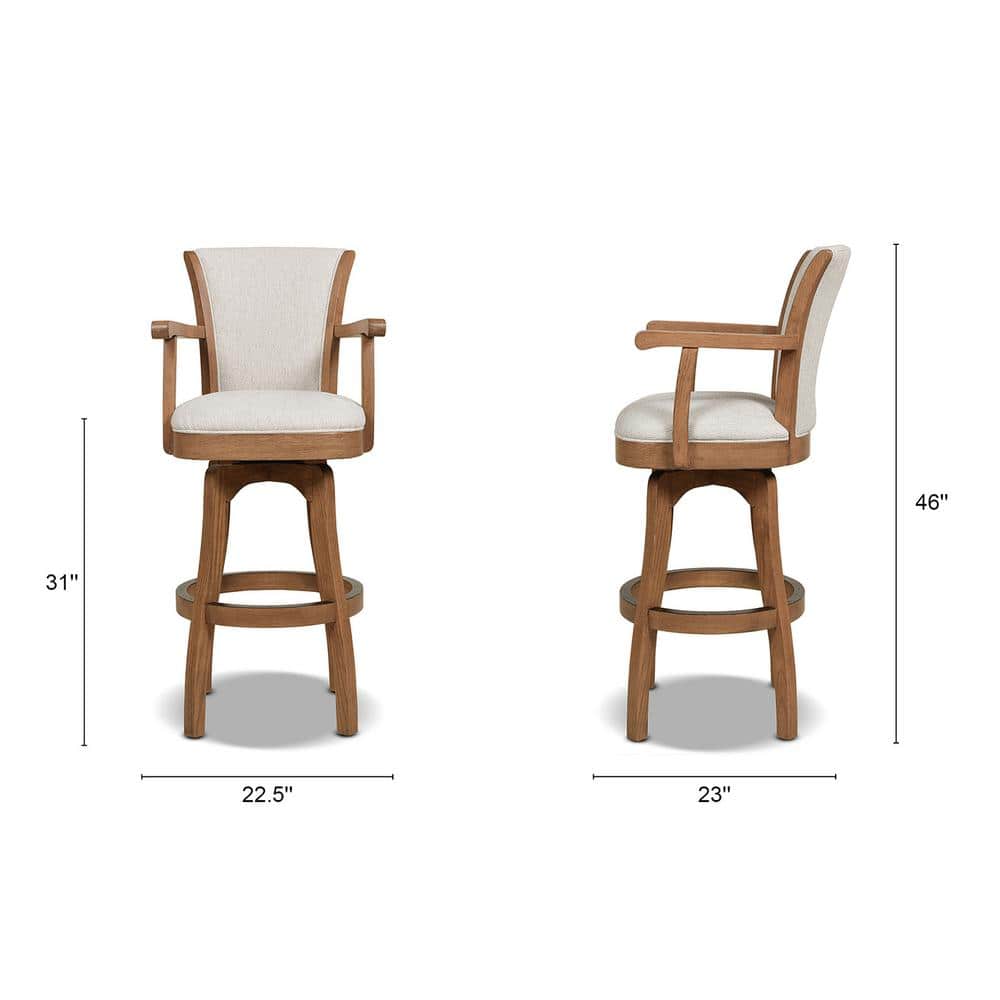 Williams 31'' White Leather Swivel Bar Stool with Oak Armrests