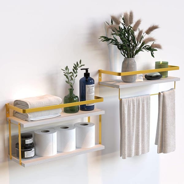 Cubilan 16 in. W x 5.7 in. D Gold White Wood Decorative Wall Shelf, Wall Mounted Floating Shelves (Set of 2)