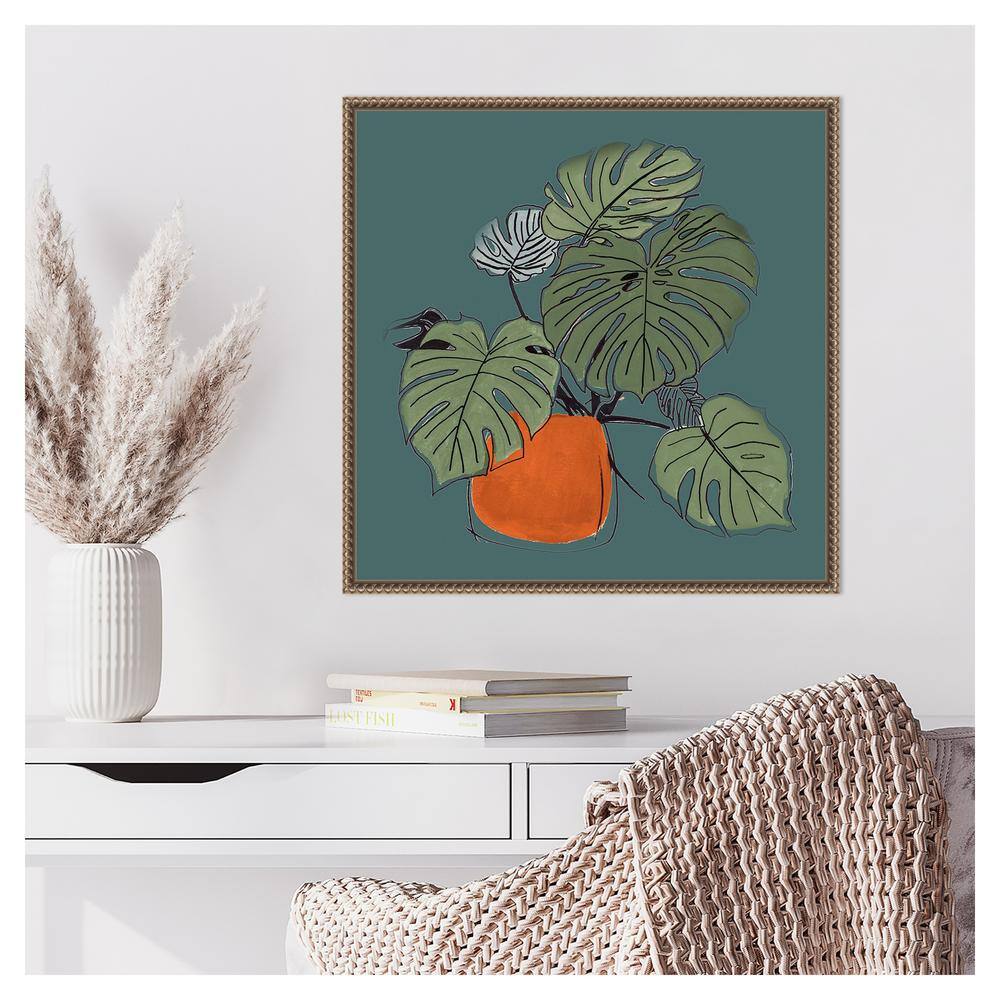 Retro Potted Plant on Teal Canvas Wall Art with Bronze Frame