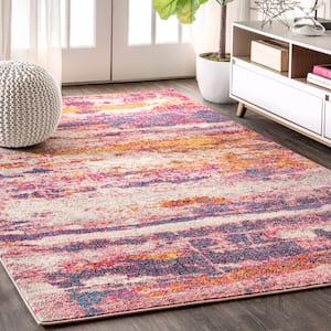 Contemporary Pop Modern Abstract Brushstroke Pink/Cream 8 ft. x 10 ft. Area Rug