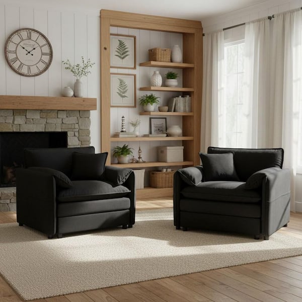 SOEX 41.7 in. Wide Square Arm 2-piece Chenille Modular Modern Sectional Sofa Set in Jet Black