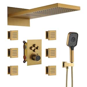 4-Spray Patterns 22 in. Rectangular Wall Mounted Dual Shower Head and Handheld Shower Head 2.5 GPM in Brushed Gold
